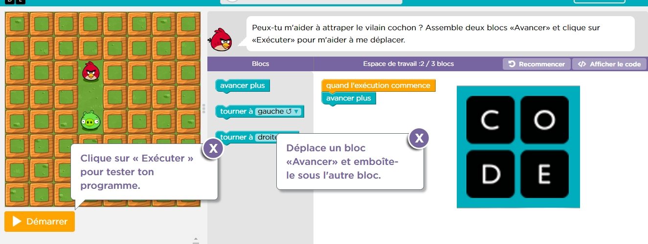 Interface d'Angry Birds DANE Nancy-Metz cycle 2 - angrybird : apprendre le codage